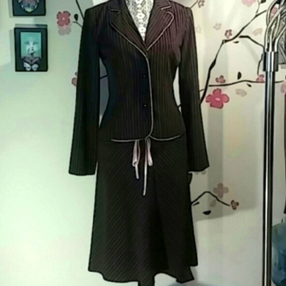 Vintage Brown & Pink Pinstripe Blazer and Skirt Set By My Michelle